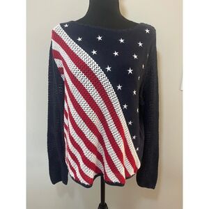 American Flag Stars and Stripes Knit Sweater Navy Blue Red White Patriotic L